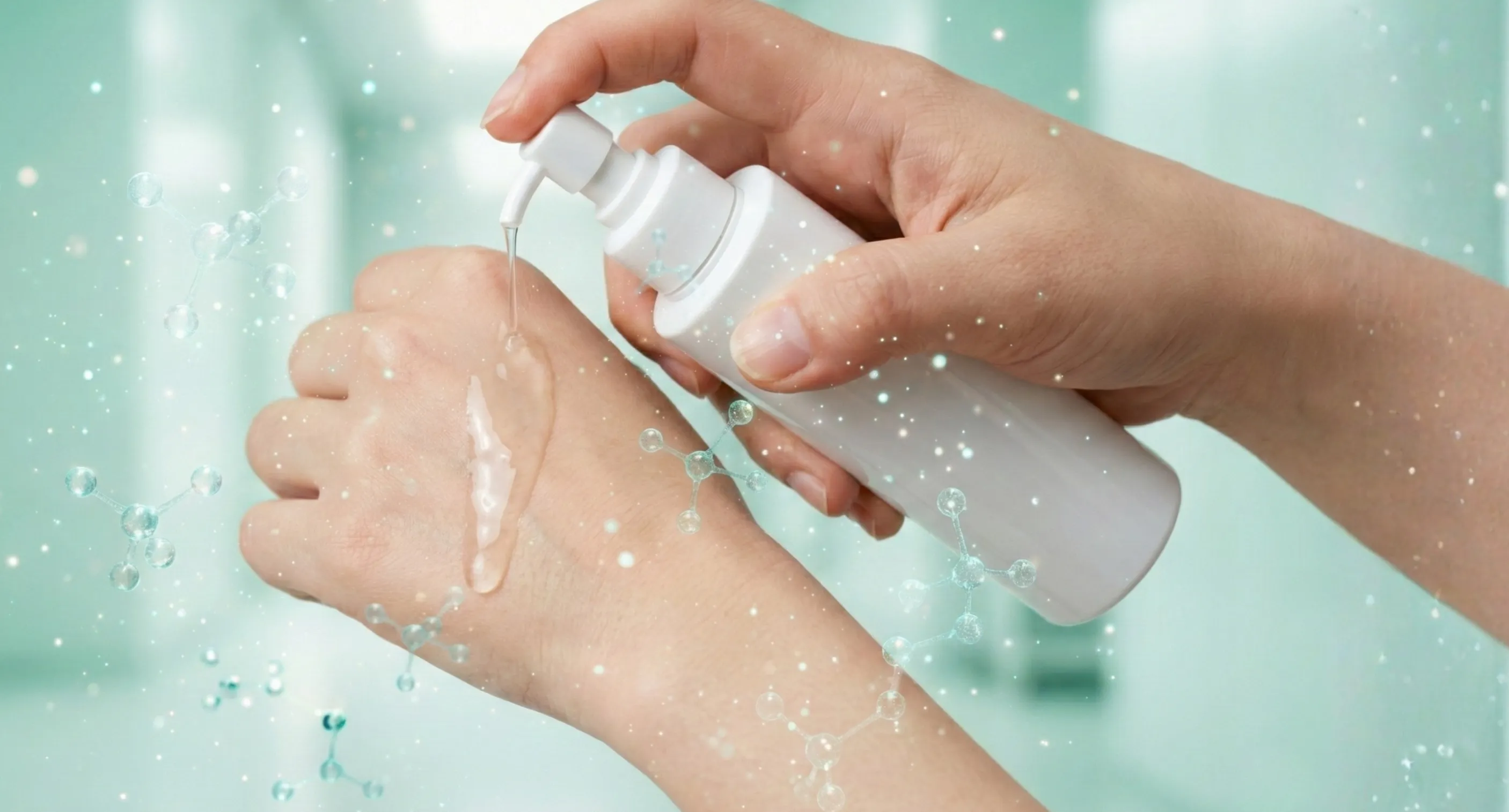 スキンケアローションの使用イメージと分子構造